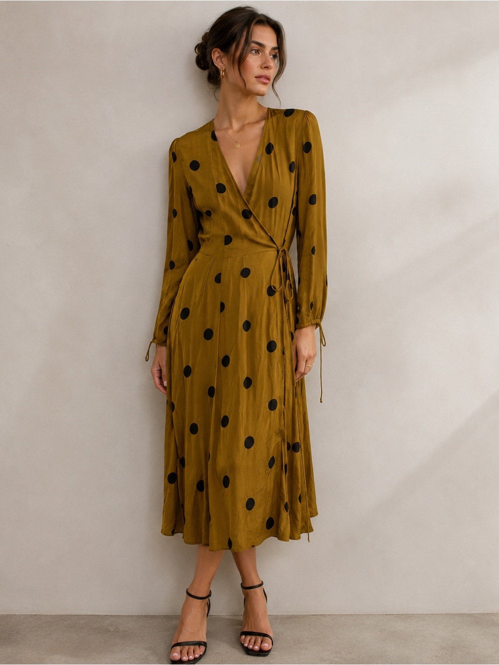 Urban Outfitters Olive Wrap Midi Dress with Black Polka Dots